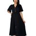 Elegant V-Neck A-Line Midi Dress With Side Slit & Elastic Waist For Women, Chic Solid Color Casual & Office Wear_ecoleips.com