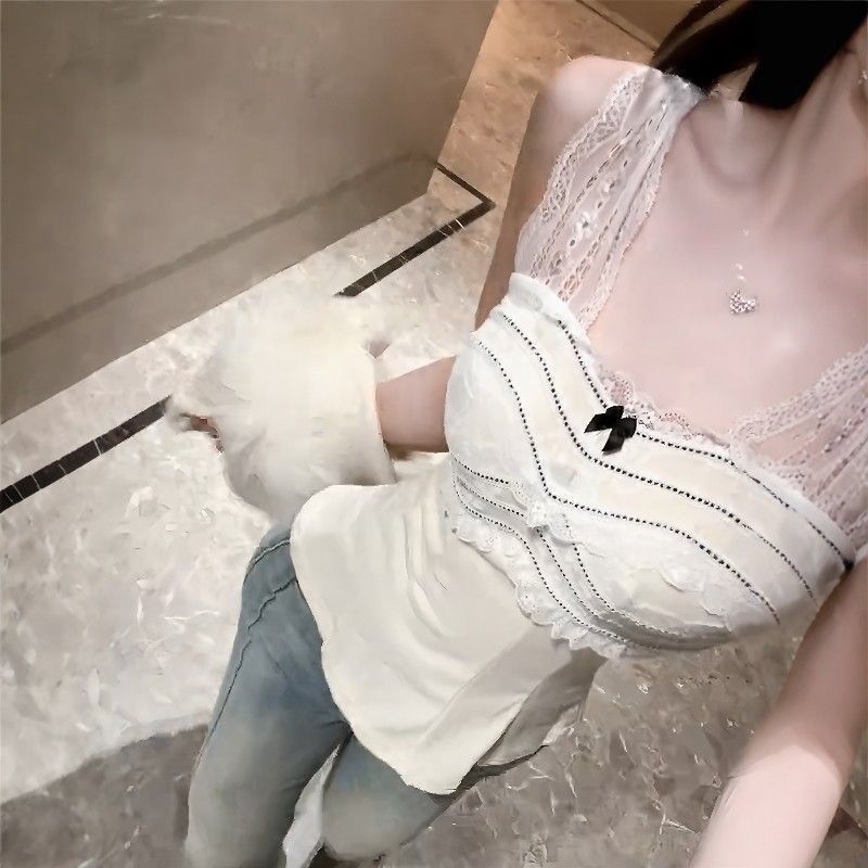 French-style Lace Spliced Bow Contrast Color Camisole Women, Sweet Slimming, Versatile Base Top For Autumn And Winter_ecoleips.com