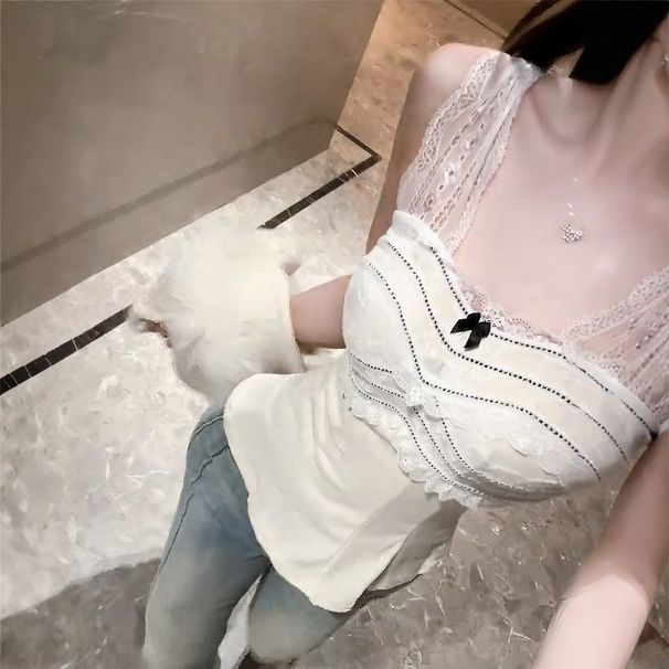 French-style Lace Spliced Bow Contrast Color Camisole Women, Sweet Slimming, Versatile Base Top For Autumn And Winter_ecoleips.com