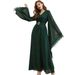 Dark Green V Neck Chiffon Maxi Dress For Women With Tassel Sleeves And A Fitted Waist Tie European And American Style_ecoleips.com