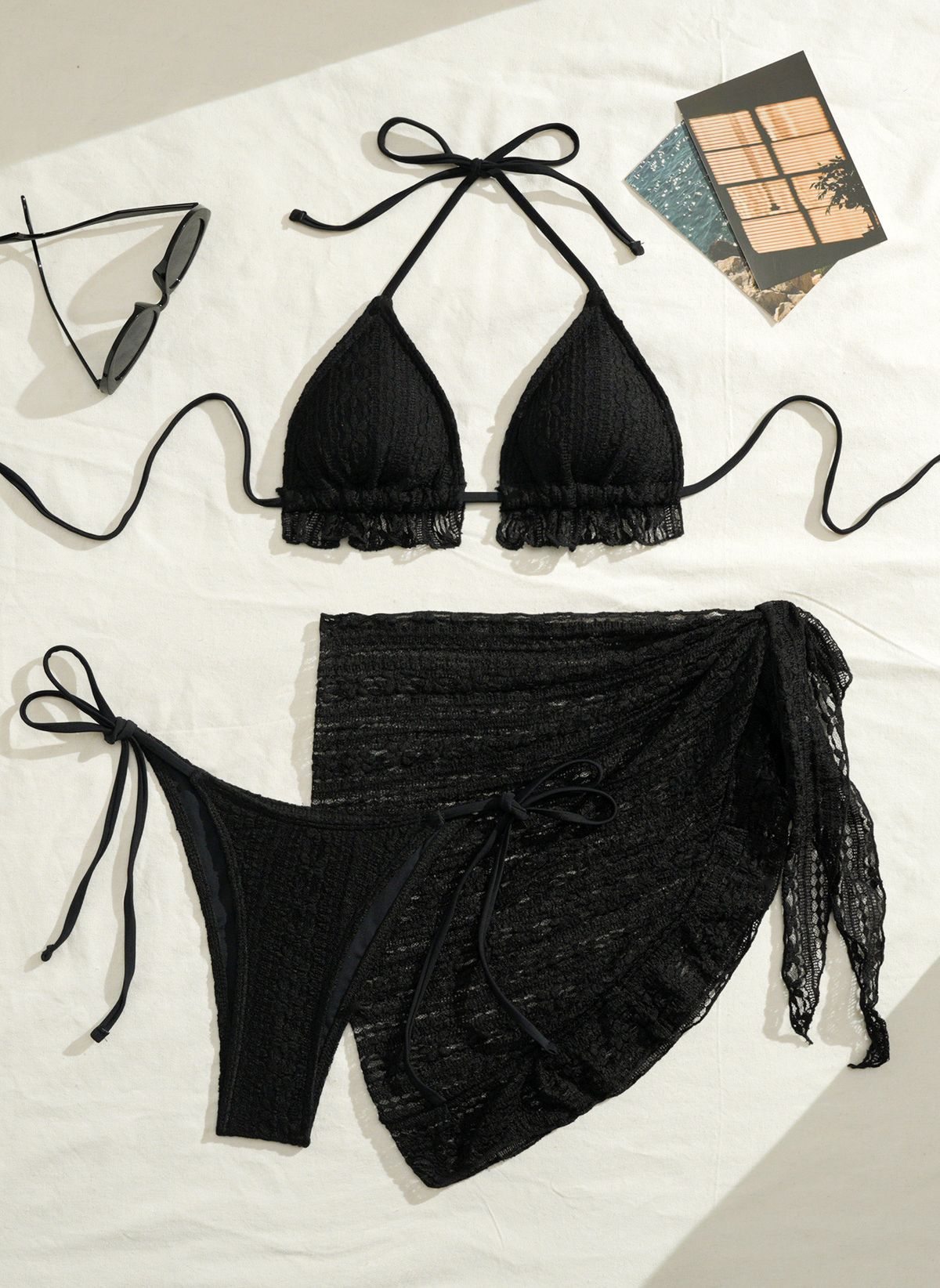 Sexy Three Piece Bikini Set European American Style Gauze Skirt Swimsuit Halterneck Solid Color for Women Adult Swimwear_ecoleips.com