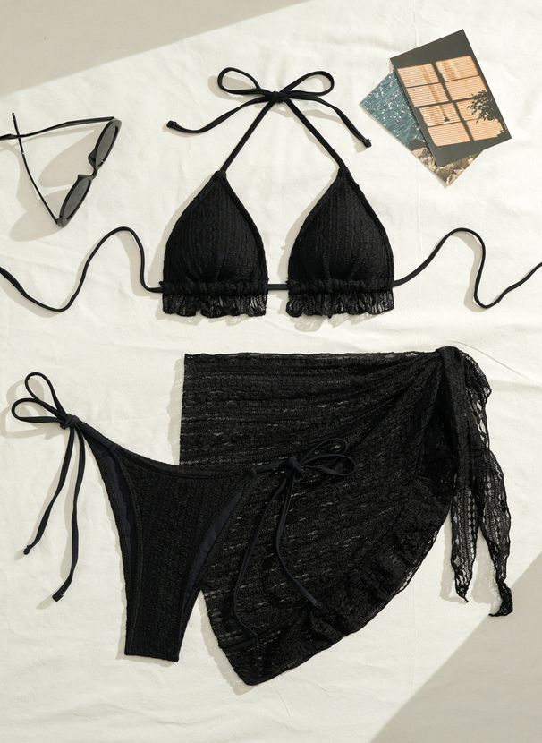 Sexy Three Piece Bikini Set European American Style Gauze Skirt Swimsuit Halterneck Solid Color for Women Adult Swimwear_ecoleips.com