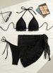 Sexy Three Piece Bikini Set European American Style Gauze Skirt Swimsuit Halterneck Solid Color for Women Adult Swimwear_ecoleips.com
