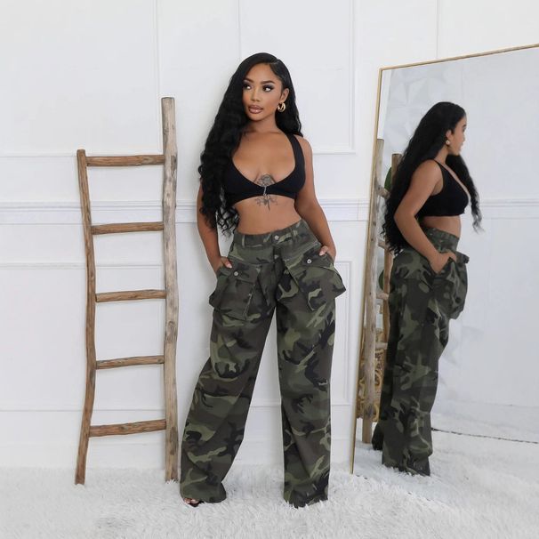 Women's Clothing Fashion Camouflage Multi Pocket Zipper Loose Overalls_ecoleips.com