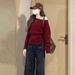 girl Red Off-Shoulder Long Sleeve Knitted Loose Sweater Top For Women, Autumn And Winter 2025 New Christmas Outfit_ecoleips.com
