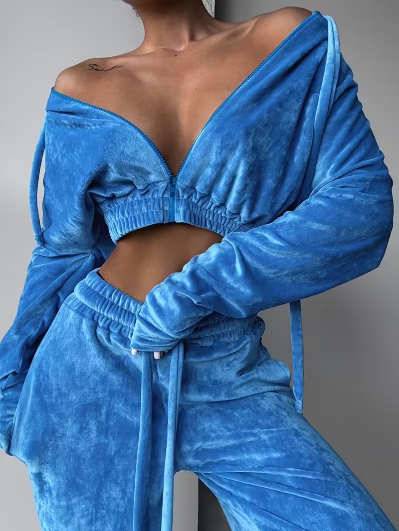 Women's Velvet Sportswear Set High-End Casual Fashion Solid Color Two-Piece Suit_ecoleips.com