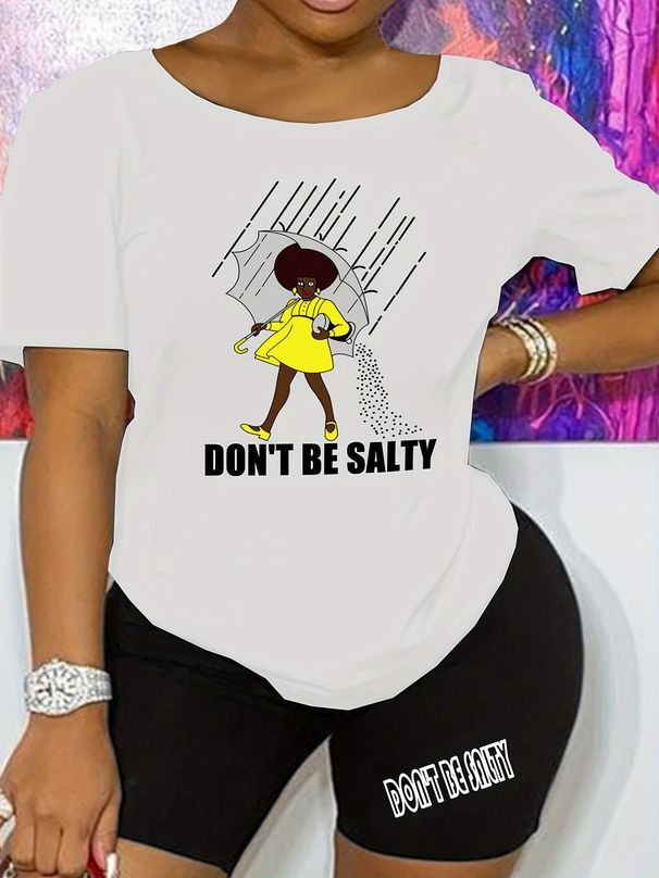 Summer Women's Casual And Fashionable Cartoon Letter Graphic Printed Loose T-shirt Shorts Two-piece Set Sportswear Suitable For Daily Wear-145_ecoleips.com