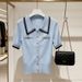 Women's Blue Collared Short Sleeved T-Shirt Color Block Knitwear Elegant Top For Spring/Summer_ecoleips.com