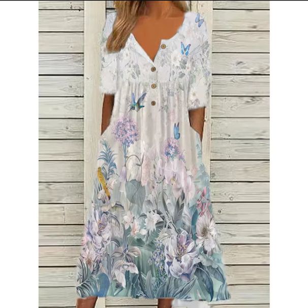 2026 New European & American Women's Spring Trendy Printed V-Neck Button Short-Sleeve Maxi Dress_ecoleips.com