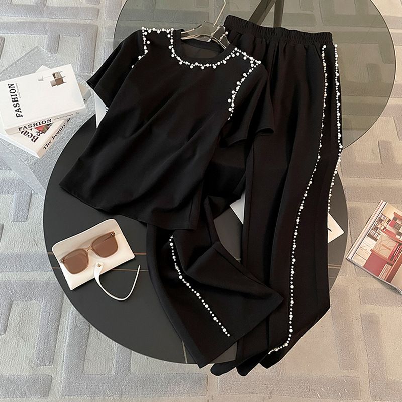 Women's Summer Fashionable Beaded Loose Slimming Top And Wide Leg Pants Two-Piece Set Casual Style Cotton Polyester Blend_ecoleips.com