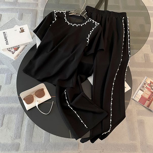 Women's Summer Fashionable Beaded Loose Slimming Top And Wide Leg Pants Two-Piece Set Casual Style Cotton Polyester Blend_ecoleips.com