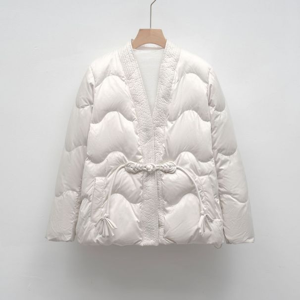 New Down Jacket 90 Down Casual Autumn And Winter Simple National Style Solid Color V-neck Loose Coat_ecoleips.com
