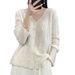 Women's V Neck Knitted Cardigan Heavy Sequined Relaxed Style Loose Fitting Pearl Button Sweater Coat Autumn New Style_ecoleips.com