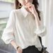 Women's Long Sleeve Polo Collar Blouse - Elegant Chiffon Shirt For Work & Casual (White, Spring)_ecoleips.com