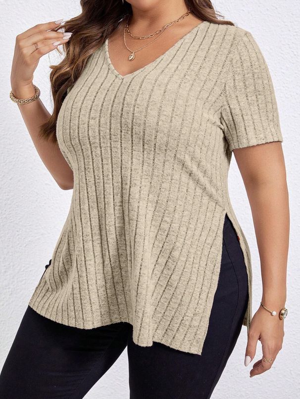 Spring/Summer Solid Color Plus Size Women's V-Neck Short-Sleeve Collar T-Shirt With Pleated Front And Split_ecoleips.com