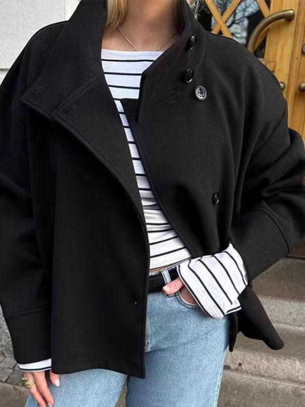 Elegant Winter And Autumn Women's Coat With Standing Collar, Buttoned Long Sleeves, And Woolen Fabric_ecoleips.com