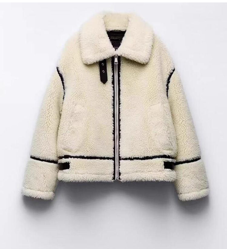 Women's Korean Style Fleece-Lined Faux Shearling Jacket Winter Casual Oversized Coat With Stand Collar - White_ecoleips.com