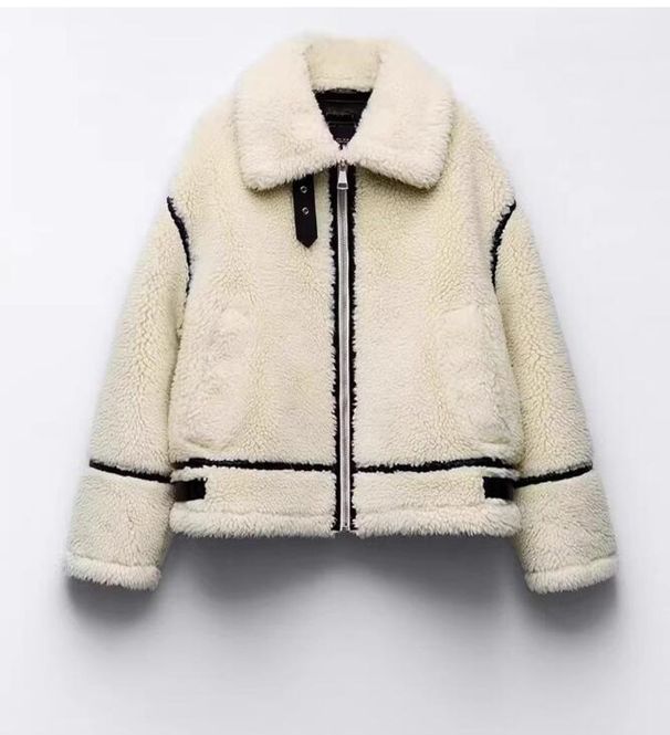 Women's Korean Style Fleece-Lined Faux Shearling Jacket Winter Casual Oversized Coat With Stand Collar - White_ecoleips.com