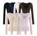 V-Neck Lace Trim Long Sleeve Tee – Slim Fit Stretch Knit Top For Women (Black/White/Purple/Milk Tea/Pink/Navy/Cocoa Brown)_ecoleips.com