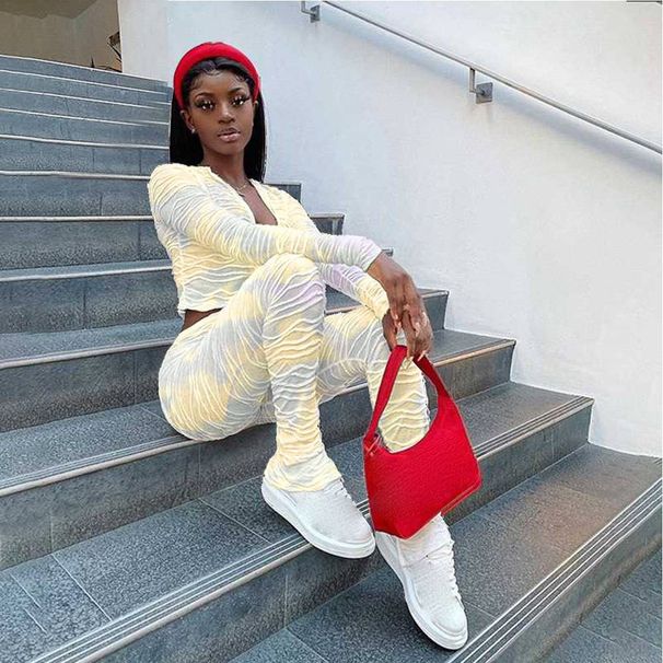 Women's Clothing Spring And Autumn Pleated Lace Two Piece Casual Pant Set_ecoleips.com