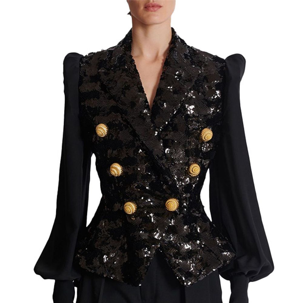 Women's Clothing Black Sequined Mesh Padded Shoulder Sleeve Coat Top With Metal Buckle Sophisticated Suit Elegant Style For Women_ecoleips.com