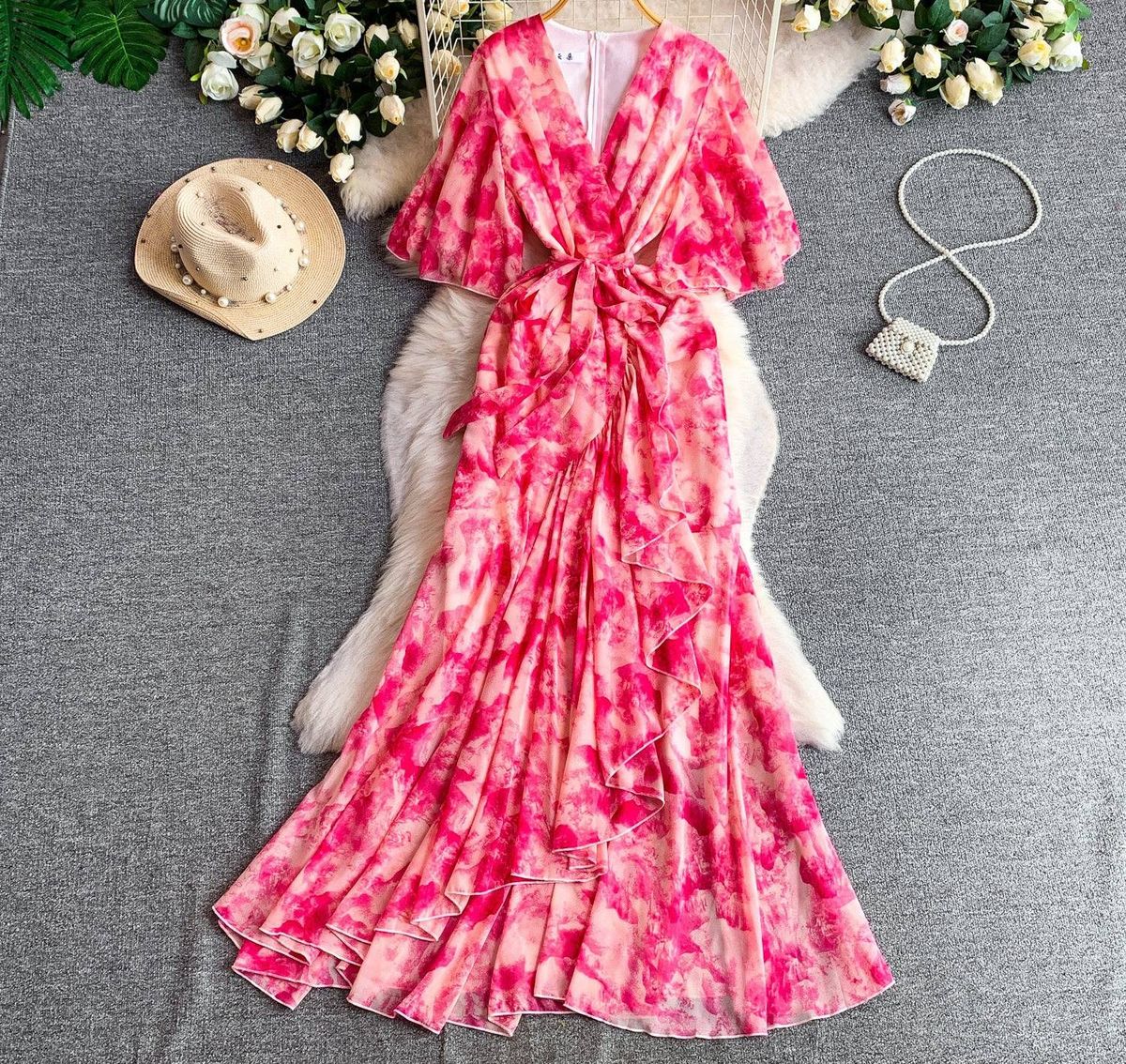 French Style Bell Sleeve V Neck Printed Long Dress for Women Elegant Sophisticated Summer Dress_ecoleips.com