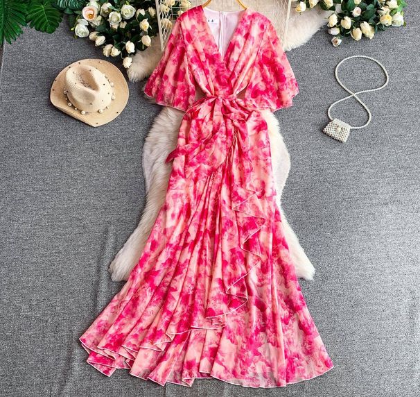 French Style Bell Sleeve V Neck Printed Long Dress for Women Elegant Sophisticated Summer Dress_ecoleips.com