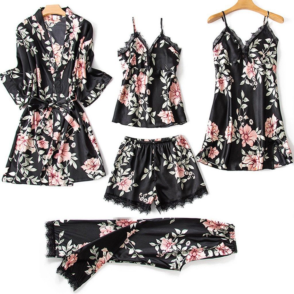 Women's Clothing printed ladies sling sleeping loose comfortable lace five piece home clothes underwear nightgown_ecoleips.com