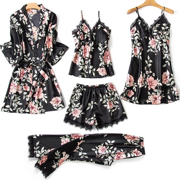Women's Clothing printed ladies sling sleeping loose comfortable lace five piece home clothes underwear nightgown_ecoleips.com
