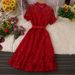 Bohemian Floral Lace Dress – Vintage Short Sleeve A-Line Midi Dress (White/Red/Black, L-XL)_ecoleips.com