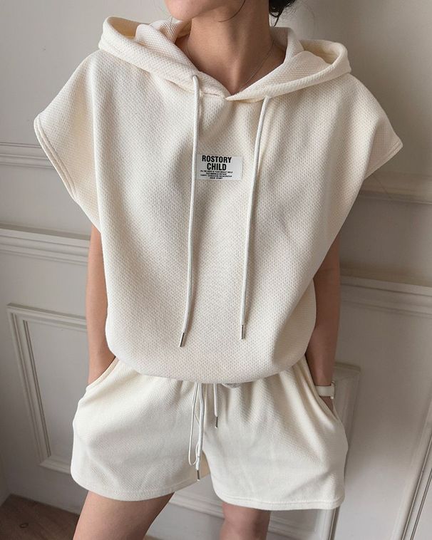 Korean Style Simple Elegant Letter Patch Drawstring Hoodie Women Summer New High Waist Casual Shorts Set_ecoleips.com
