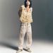 Women's Fashion High Waist Straight Leg Jeans Patchwork Appliqué Ink Splatter Washed American Retro Style Drawstring_ecoleips.com