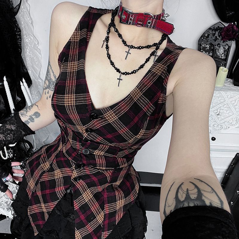 Empress Dowager Women's Plaid Top V Neck Fitted Waist Dark Korean Style Versatile Vest Spring New Style_ecoleips.com