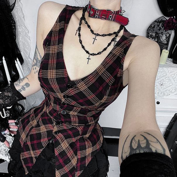 Empress Dowager Women's Plaid Top V Neck Fitted Waist Dark Korean Style Versatile Vest Spring New Style_ecoleips.com