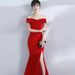 Women's Clothing White Off The Shoulder Mermaid Evening Dress Perfect For Toasting Parties Slits Detail Petite Women's Party Wear_ecoleips.com