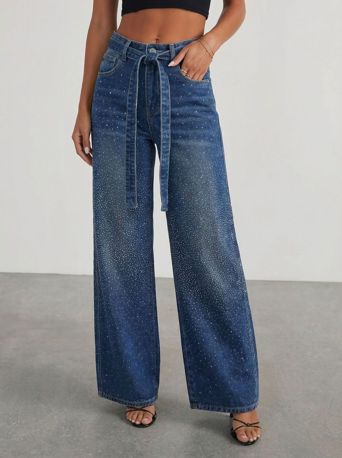 Women's High-Waisted Wide-Leg Jeans With Rhinestone Embellishments - Vintage Washed Denim Pants For Casual & Streetwear Style_ecoleips.com