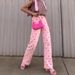 Women's Clothing Pink Heart Patterned Wide Leg Jeans Slim Fit European American Style_ecoleips.com