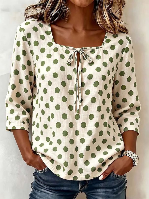 Vintage Polka Dot Square Neck Tie-Front Blouse With Flowy Three-Quarter Sleeves For Women_ecoleips.com