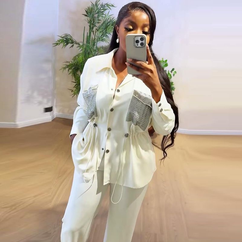 Women's Clothing Temperament Waist Shirt Cardigan Trousers Two Piece Suit_ecoleips.com