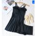 Elegant Black Spaghetti Strap One Piece Swimsuit Dress With Ruffle Neck Side Drawstring Crisscross Back Modest Swimwear_ecoleips.com