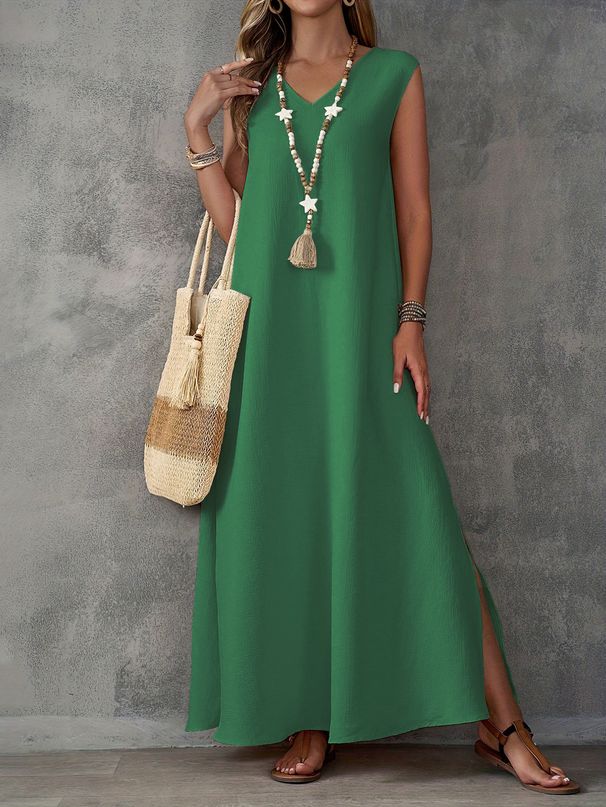 Elegant Sleeveless V-Neck Side Slit Maxi Dress For Women - Summer A-Line Flowy Long Dress In Solid Colors (S-XXL)_ecoleips.com