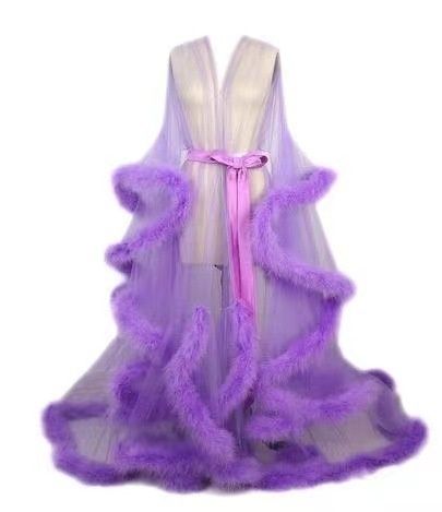 Aria Basics European And American Sexy Feather Sheer Nightgown, Erotic Lingerie, Bell-sleeve Long Dress With Train, Direct From The_ecoleips.com