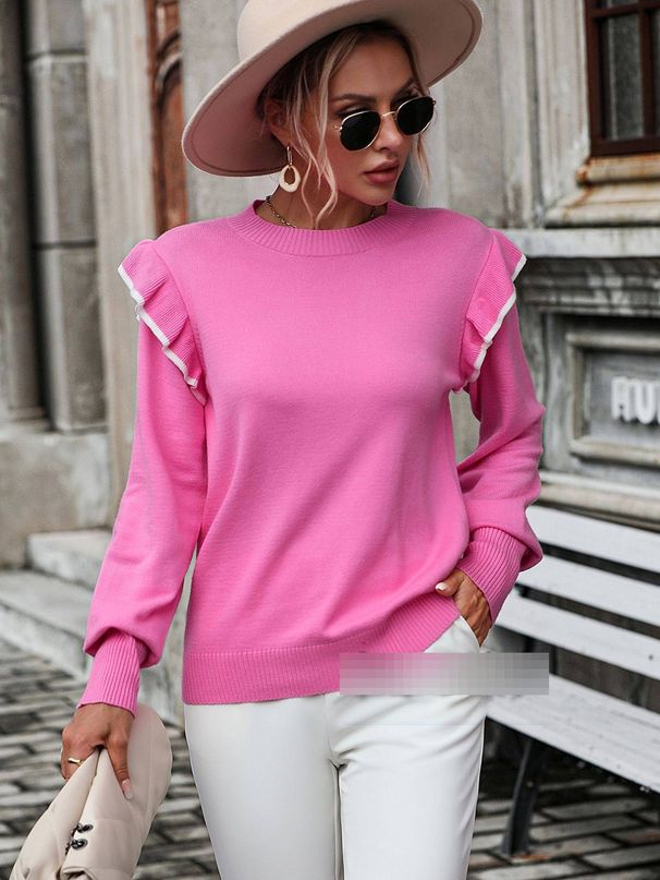 Women’s Loose Fit Ruffled Knit Sweater – Round Neck, Soft Acrylic Blend, European & American Style For Casual & Office Wear_ecoleips.com