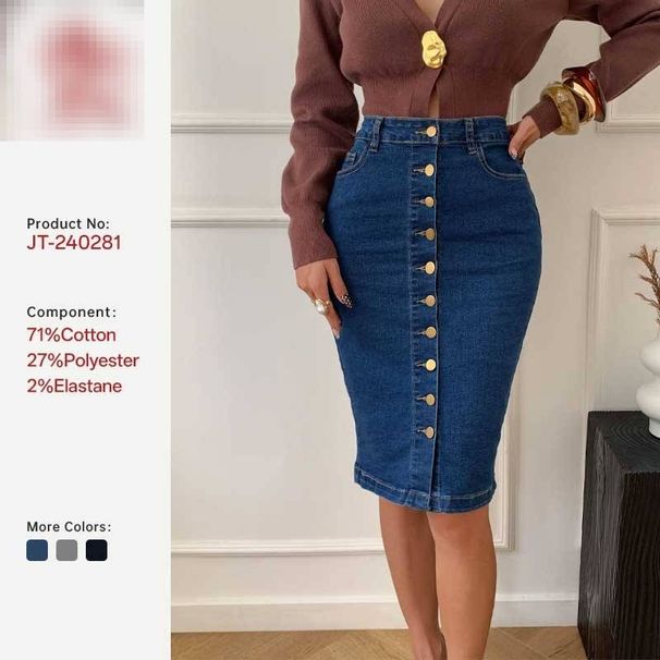 Women's High Waist Denim Skirt - Dark Blue Button Front Bodycon Midi Skirt (Non-Stretch, S-XL)_ecoleips.com