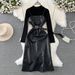 Slim-Fit Layering Set Pu Leather Strappy Dress High-Neck Top Black Bodycon Sexy Slit Detail Women's Clothing Dress_ecoleips.com