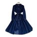 Women's Elegant A-Line Midi Dress Denim Polo Collar Side Slit Belt Office Casual Wear_ecoleips.com