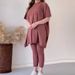 Women's Solid Color Round Neck Large Size Short-sleeved Slit Sweater Casual Suit_ecoleips.com