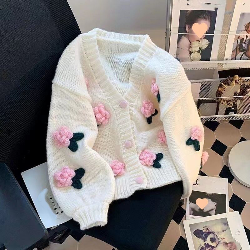 Women's Korean Style Floral Knitted Cardigan Sweet Three Dimensional Autumn Winter Sweater Coat Loose Soft Versatile Age Reducing_ecoleips.com