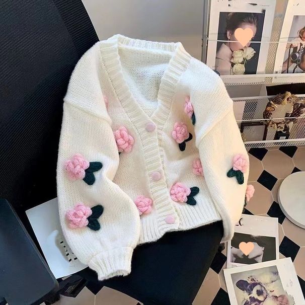 Women's Korean Style Floral Knitted Cardigan Sweet Three Dimensional Autumn Winter Sweater Coat Loose Soft Versatile Age Reducing_ecoleips.com