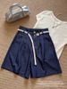 Tencel Denim Shorts For Women, High Waist A-Line Wide Leg Mid-Length Shorts, Casual Straight Cut Trousers With Free Belt_ecoleips.com
